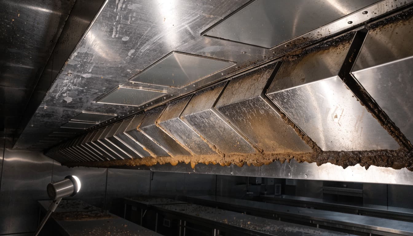 Abluftdecke einer Großküche mit Reihe von Flammschutzfiltern