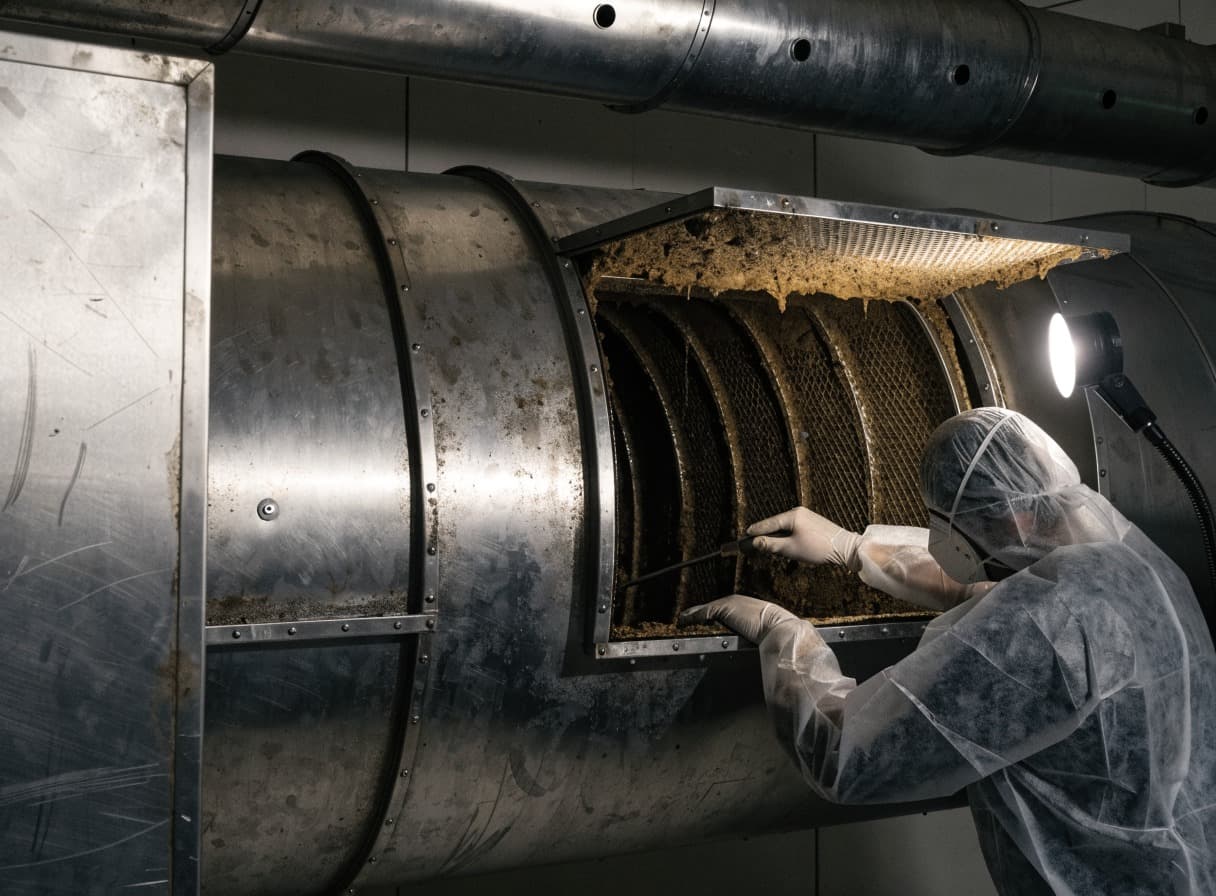 Techniker in Schutzanzug und Atemschutz an einer geöffneten Revisionsklappe eines Abluftkanals